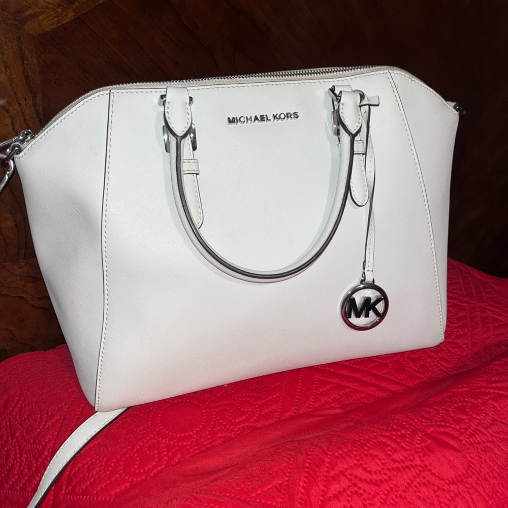 Michael Kors White Saffiano Leather Satchel with MK Charm